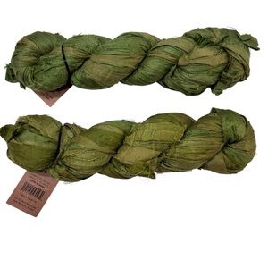 Recycled silk green ribbon. 2 hanks 70-75 yards each lot of 2. NWT
